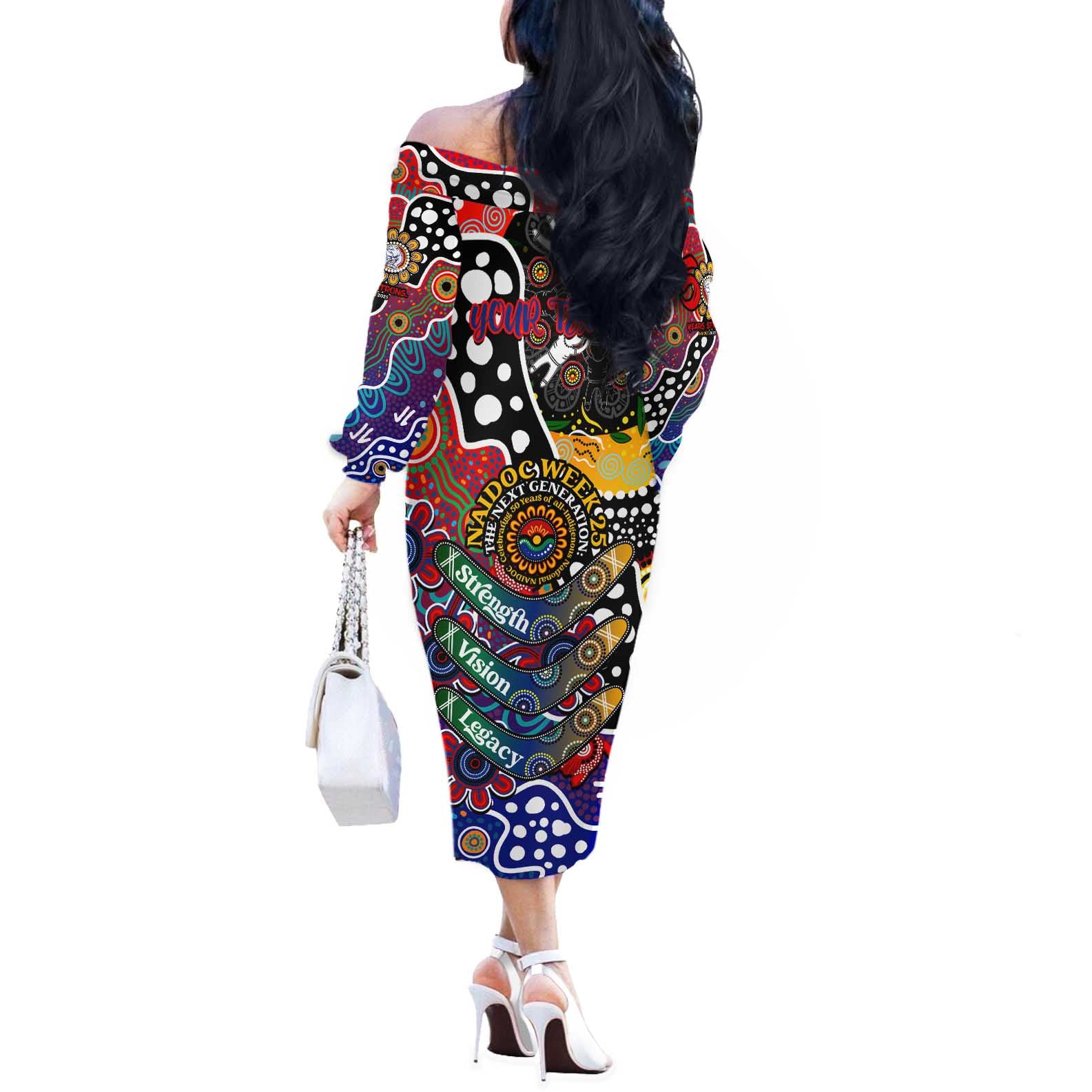 Personalised Bulldogs AFL Celebrating 50 Years of Naidoc Off The Shoulder Long Sleeve Dress NAIDOC Week 2025 Aboriginal