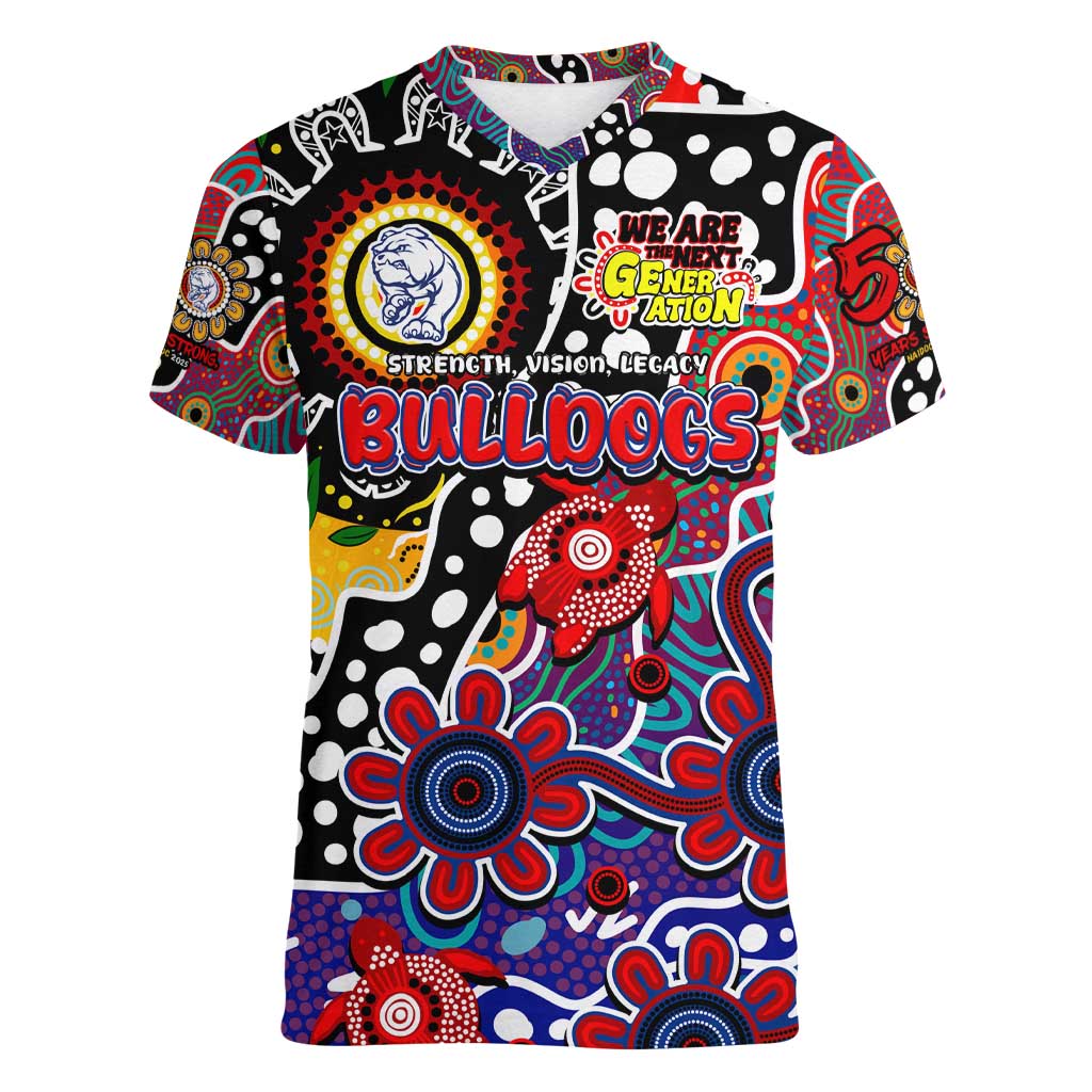 Personalised Bulldogs AFL Celebrating 50 Years of Naidoc Women V-Neck T-Shirt NAIDOC Week 2025 Aboriginal