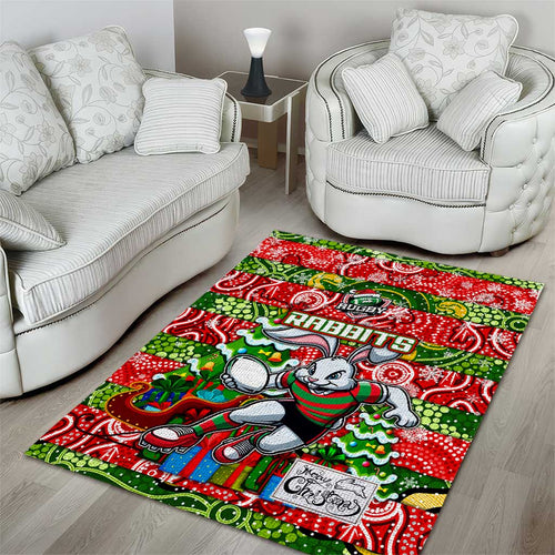 Rabbitohs Rugby Merry Christmas Area Rug Indigenous Australian Art
