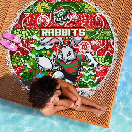 Rabbitohs Rugby Merry Christmas Beach Blanket Indigenous Australian Art