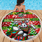 Rabbitohs Rugby Merry Christmas Beach Blanket Indigenous Australian Art