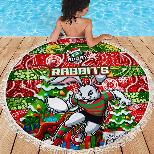 Rabbitohs Rugby Merry Christmas Beach Blanket Indigenous Australian Art