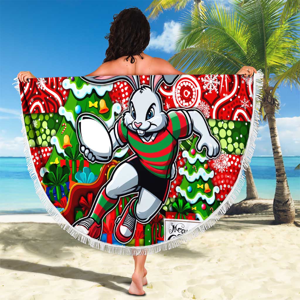 Rabbitohs Rugby Merry Christmas Beach Blanket Indigenous Australian Art