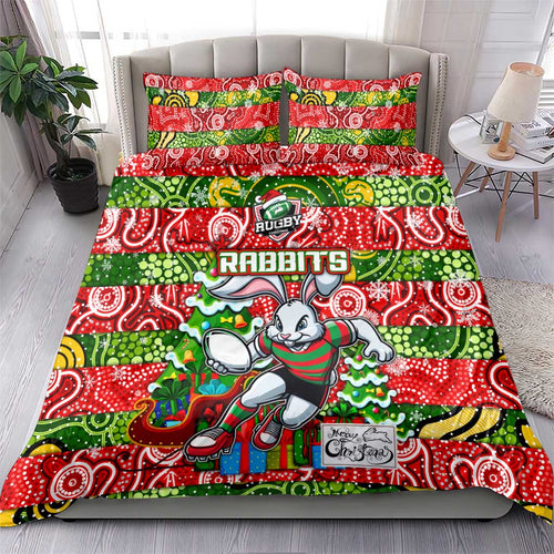 Rabbitohs Rugby Merry Christmas Bedding Set Indigenous Australian Art