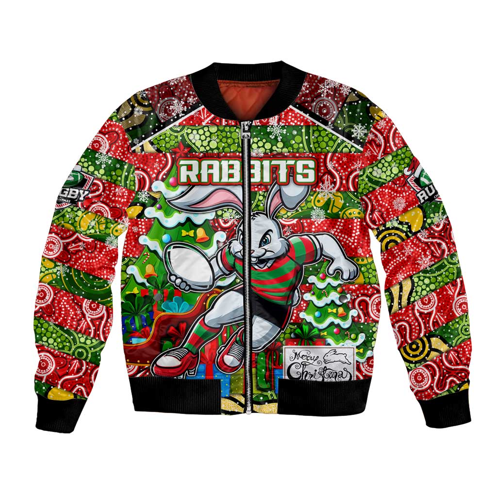 Custom Rabbitohs Rugby Merry Christmas Bomber Jacket Indigenous Australian Art