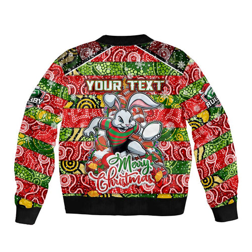 Custom Rabbitohs Rugby Merry Christmas Bomber Jacket Indigenous Australian Art