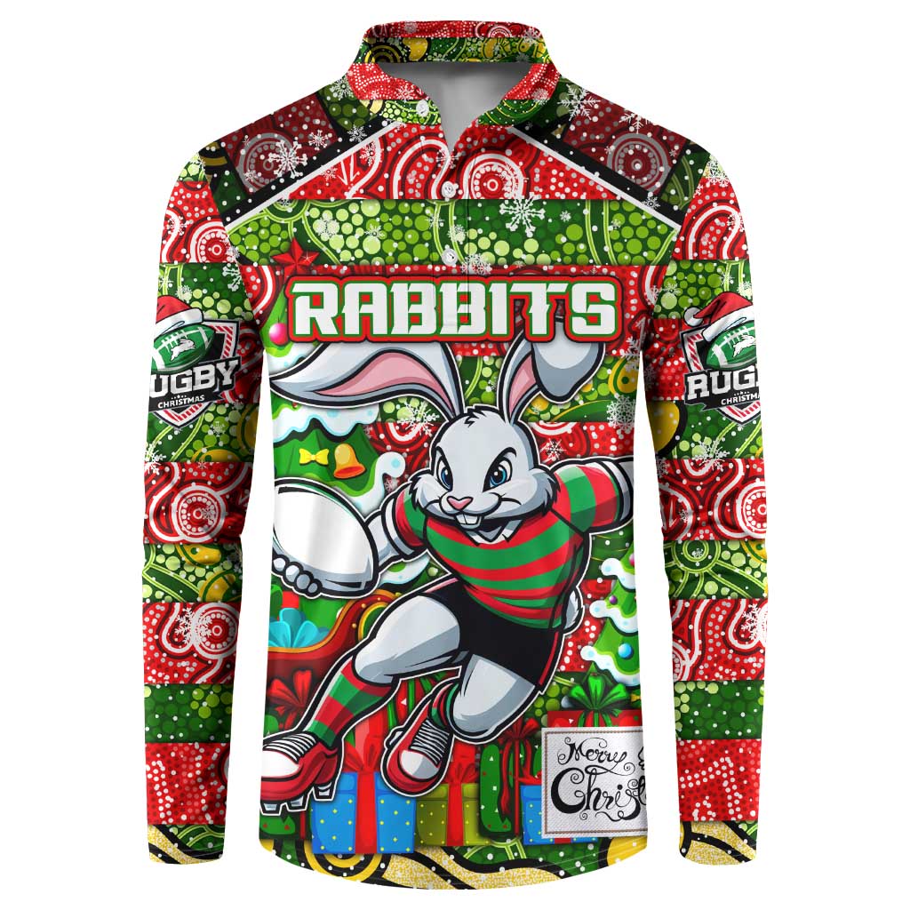 Custom Rabbitohs Rugby Merry Christmas Button Sweatshirt Indigenous Australian Art