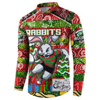 Custom Rabbitohs Rugby Merry Christmas Button Sweatshirt Indigenous Australian Art
