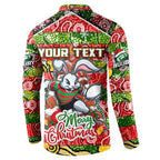 Custom Rabbitohs Rugby Merry Christmas Button Sweatshirt Indigenous Australian Art