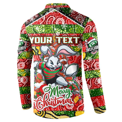 Custom Rabbitohs Rugby Merry Christmas Button Sweatshirt Indigenous Australian Art