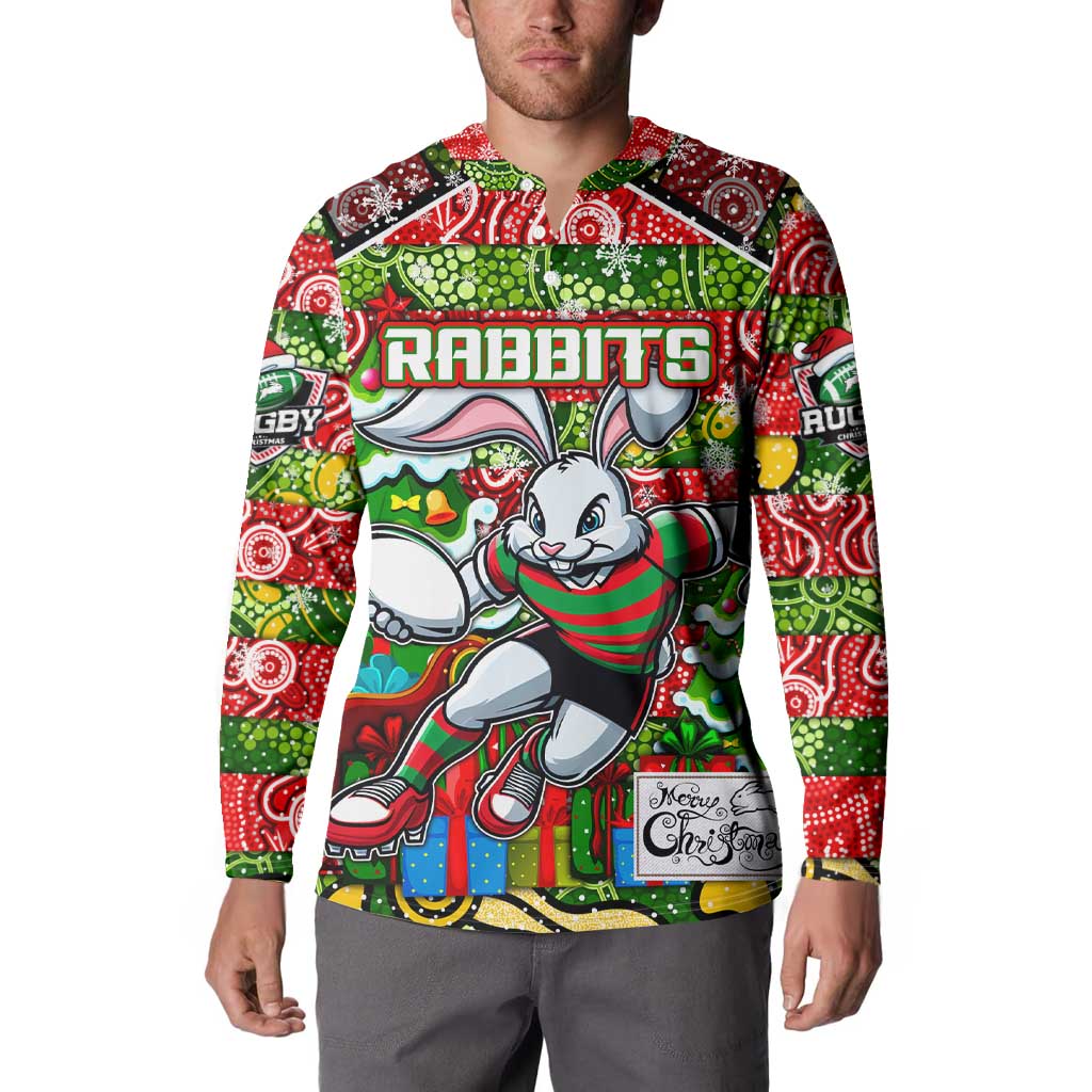 Custom Rabbitohs Rugby Merry Christmas Button Sweatshirt Indigenous Australian Art