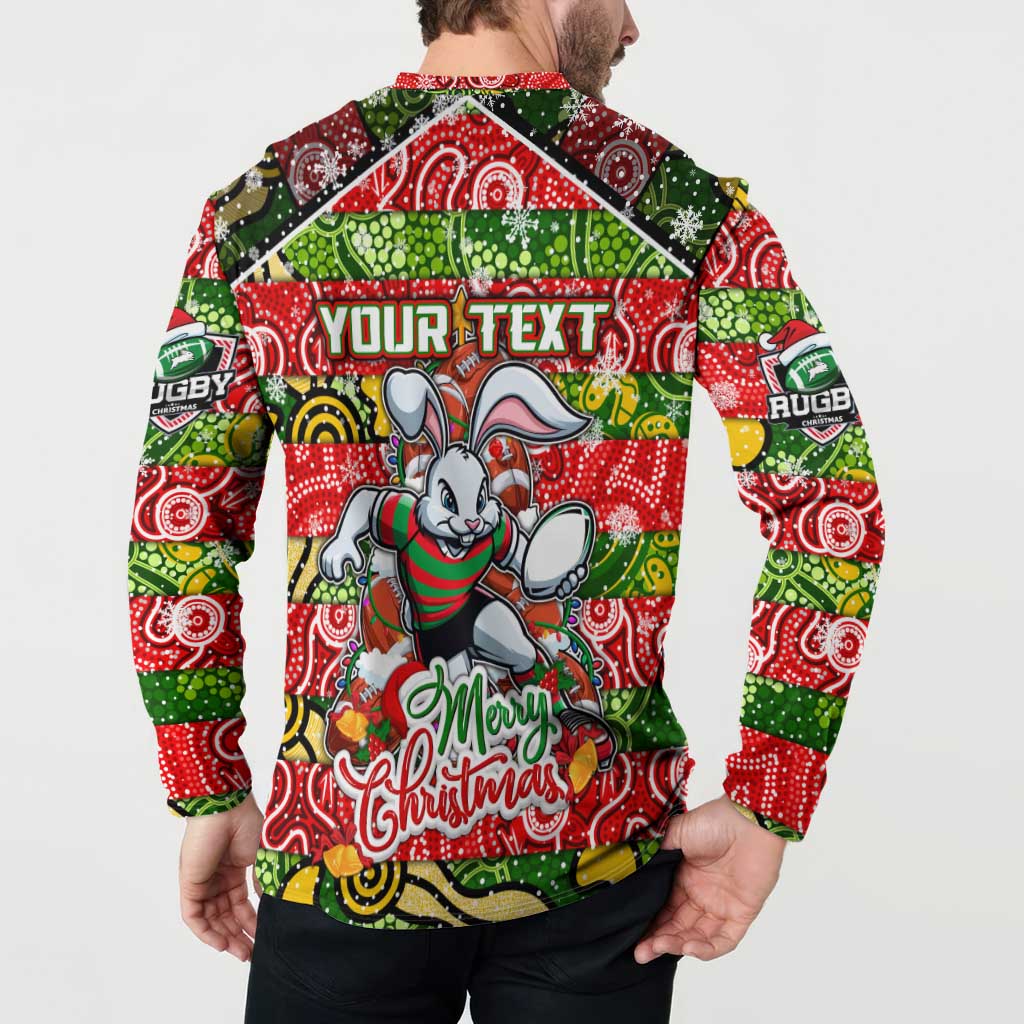 Custom Rabbitohs Rugby Merry Christmas Button Sweatshirt Indigenous Australian Art