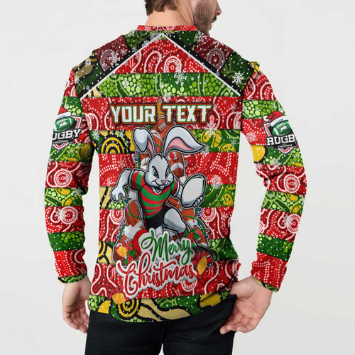 Custom Rabbitohs Rugby Merry Christmas Button Sweatshirt Indigenous Australian Art