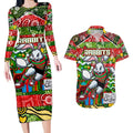 Custom Rabbitohs Rugby Merry Christmas Couples Matching Long Sleeve Bodycon Dress and Hawaiian Shirt Indigenous Australian Art