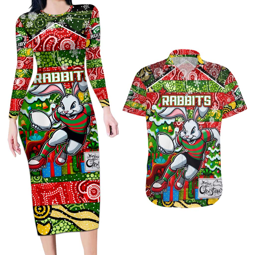 Custom Rabbitohs Rugby Merry Christmas Couples Matching Long Sleeve Bodycon Dress and Hawaiian Shirt Indigenous Australian Art