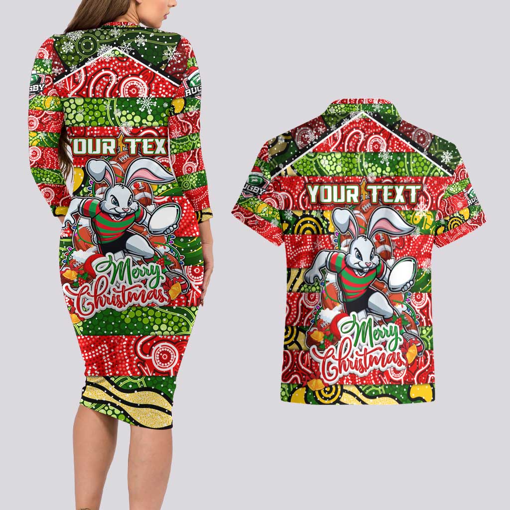 Custom Rabbitohs Rugby Merry Christmas Couples Matching Long Sleeve Bodycon Dress and Hawaiian Shirt Indigenous Australian Art