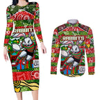 Custom Rabbitohs Rugby Merry Christmas Couples Matching Long Sleeve Bodycon Dress and Long Sleeve Button Shirt Indigenous Australian Art