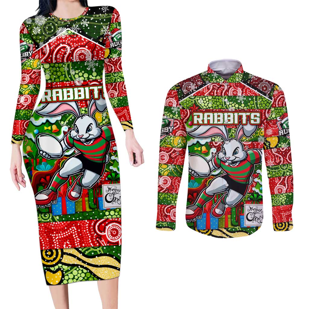 Custom Rabbitohs Rugby Merry Christmas Couples Matching Long Sleeve Bodycon Dress and Long Sleeve Button Shirt Indigenous Australian Art