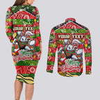 Custom Rabbitohs Rugby Merry Christmas Couples Matching Long Sleeve Bodycon Dress and Long Sleeve Button Shirt Indigenous Australian Art