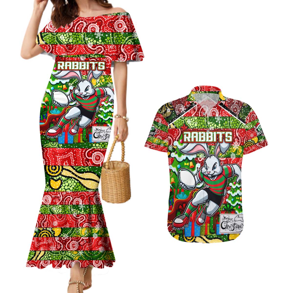 Custom Rabbitohs Rugby Merry Christmas Couples Matching Mermaid Dress and Hawaiian Shirt Indigenous Australian Art