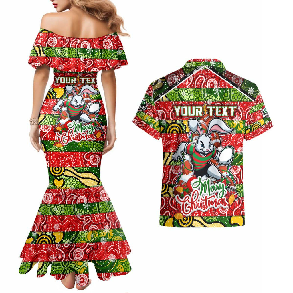 Custom Rabbitohs Rugby Merry Christmas Couples Matching Mermaid Dress and Hawaiian Shirt Indigenous Australian Art