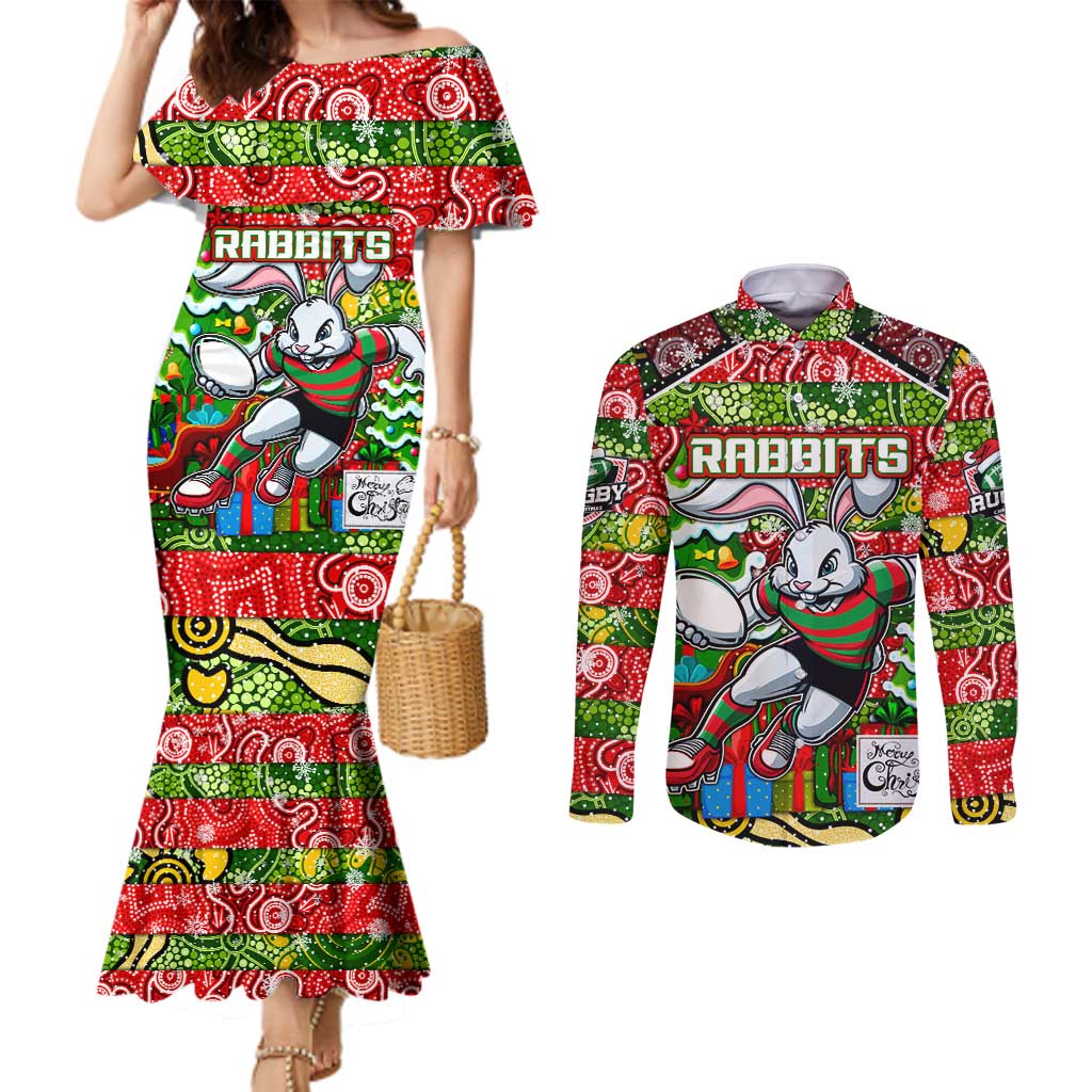 Custom Rabbitohs Rugby Merry Christmas Couples Matching Mermaid Dress and Long Sleeve Button Shirt Indigenous Australian Art