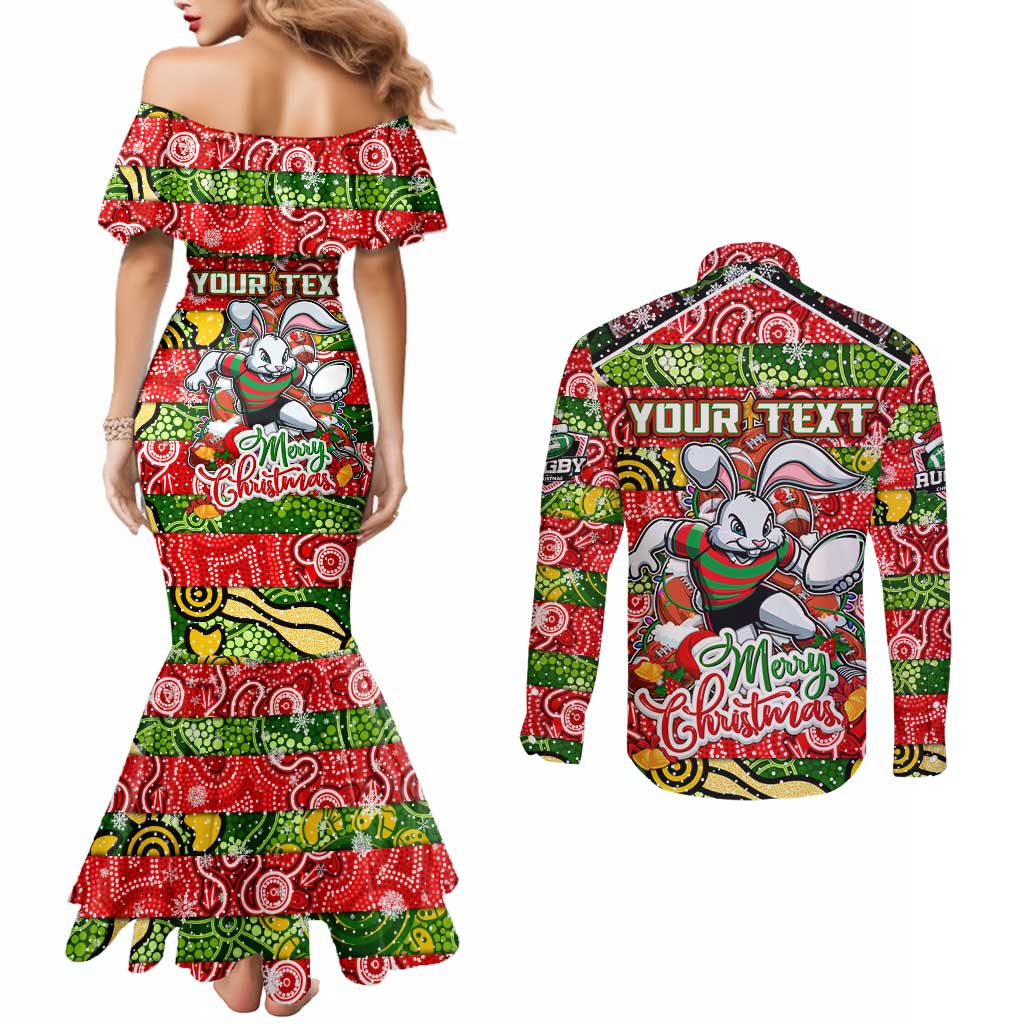 Custom Rabbitohs Rugby Merry Christmas Couples Matching Mermaid Dress and Long Sleeve Button Shirt Indigenous Australian Art