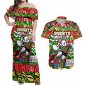 Custom Rabbitohs Rugby Merry Christmas Couples Matching Off Shoulder Maxi Dress and Hawaiian Shirt Indigenous Australian Art