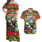 Custom Rabbitohs Rugby Merry Christmas Couples Matching Off Shoulder Maxi Dress and Hawaiian Shirt Indigenous Australian Art
