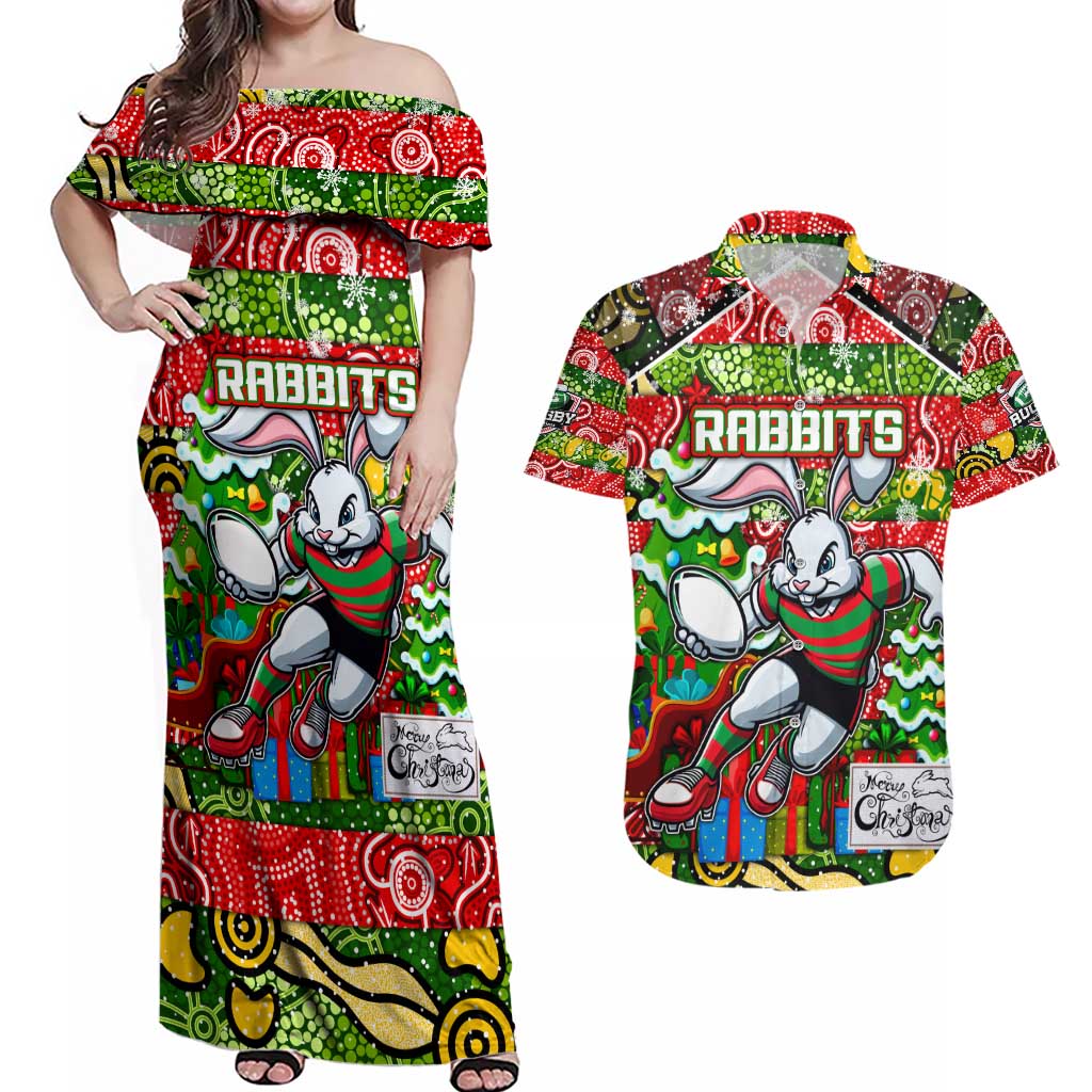Custom Rabbitohs Rugby Merry Christmas Couples Matching Off Shoulder Maxi Dress and Hawaiian Shirt Indigenous Australian Art