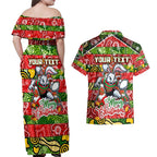 Custom Rabbitohs Rugby Merry Christmas Couples Matching Off Shoulder Maxi Dress and Hawaiian Shirt Indigenous Australian Art