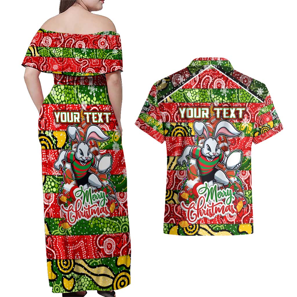 Custom Rabbitohs Rugby Merry Christmas Couples Matching Off Shoulder Maxi Dress and Hawaiian Shirt Indigenous Australian Art