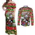 Custom Rabbitohs Rugby Merry Christmas Couples Matching Off Shoulder Maxi Dress and Long Sleeve Button Shirt Indigenous Australian Art