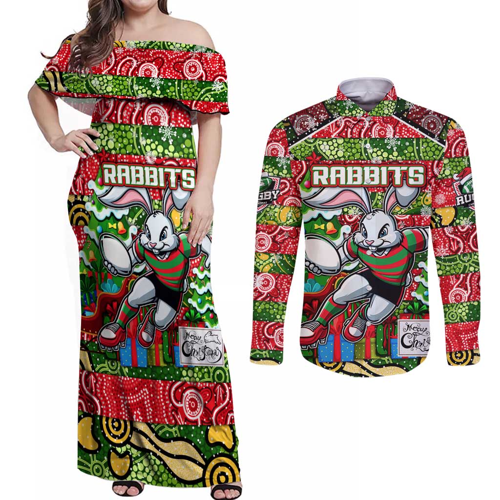 Custom Rabbitohs Rugby Merry Christmas Couples Matching Off Shoulder Maxi Dress and Long Sleeve Button Shirt Indigenous Australian Art