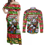 Custom Rabbitohs Rugby Merry Christmas Couples Matching Off Shoulder Maxi Dress and Long Sleeve Button Shirt Indigenous Australian Art