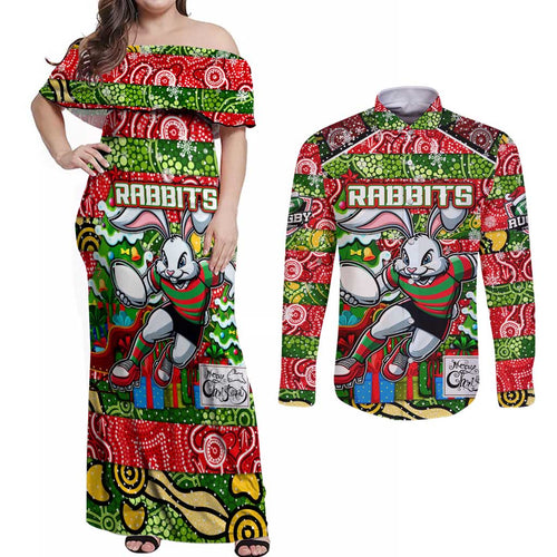 Custom Rabbitohs Rugby Merry Christmas Couples Matching Off Shoulder Maxi Dress and Long Sleeve Button Shirt Indigenous Australian Art