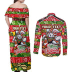 Custom Rabbitohs Rugby Merry Christmas Couples Matching Off Shoulder Maxi Dress and Long Sleeve Button Shirt Indigenous Australian Art