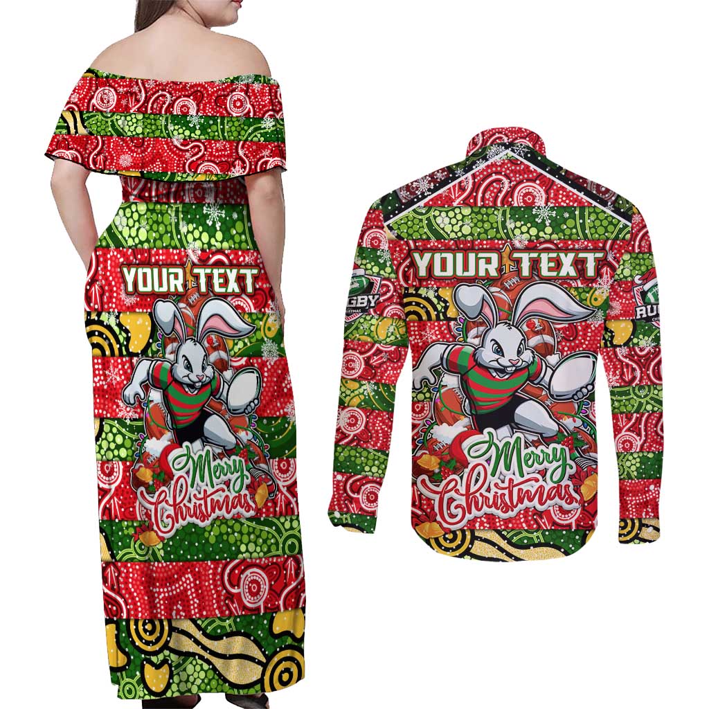 Custom Rabbitohs Rugby Merry Christmas Couples Matching Off Shoulder Maxi Dress and Long Sleeve Button Shirt Indigenous Australian Art