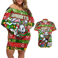 Custom Rabbitohs Rugby Merry Christmas Couples Matching Off Shoulder Short Dress and Hawaiian Shirt Indigenous Australian Art