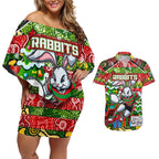Custom Rabbitohs Rugby Merry Christmas Couples Matching Off Shoulder Short Dress and Hawaiian Shirt Indigenous Australian Art