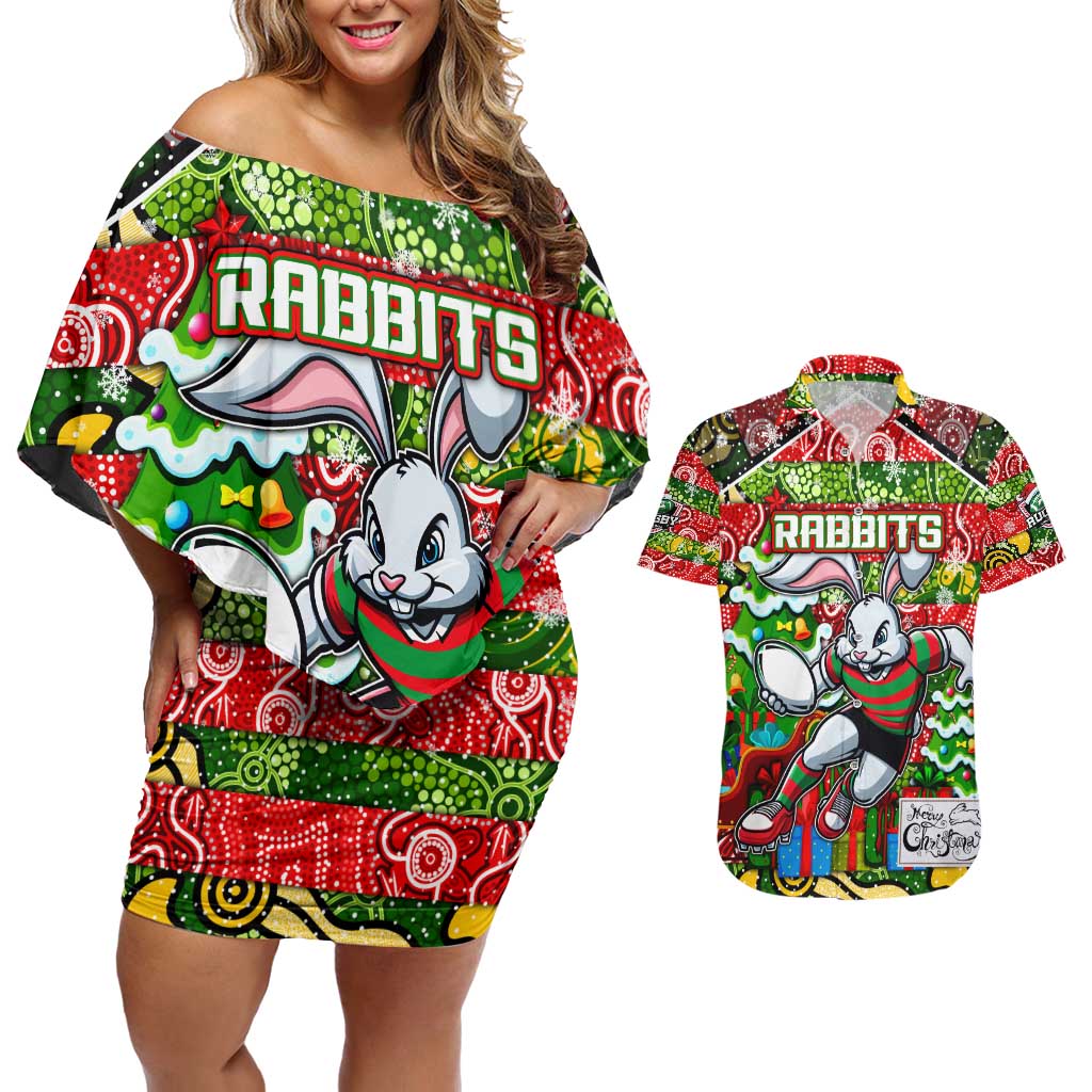 Custom Rabbitohs Rugby Merry Christmas Couples Matching Off Shoulder Short Dress and Hawaiian Shirt Indigenous Australian Art