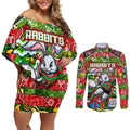 Custom Rabbitohs Rugby Merry Christmas Couples Matching Off Shoulder Short Dress and Long Sleeve Button Shirt Indigenous Australian Art