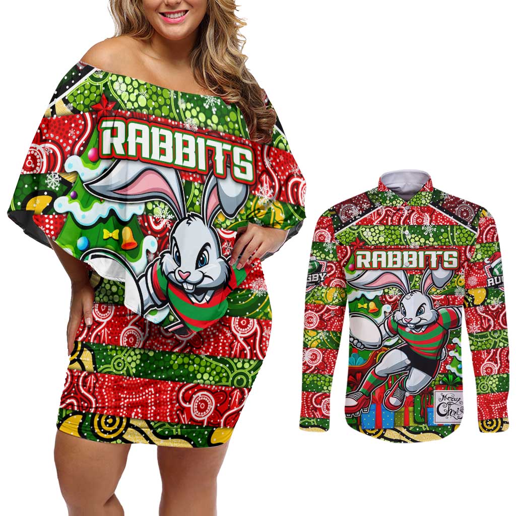 Custom Rabbitohs Rugby Merry Christmas Couples Matching Off Shoulder Short Dress and Long Sleeve Button Shirt Indigenous Australian Art