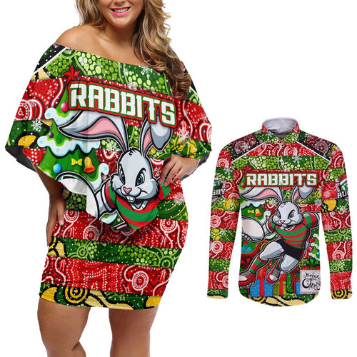 Custom Rabbitohs Rugby Merry Christmas Couples Matching Off Shoulder Short Dress and Long Sleeve Button Shirt Indigenous Australian Art