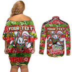 Custom Rabbitohs Rugby Merry Christmas Couples Matching Off Shoulder Short Dress and Long Sleeve Button Shirt Indigenous Australian Art