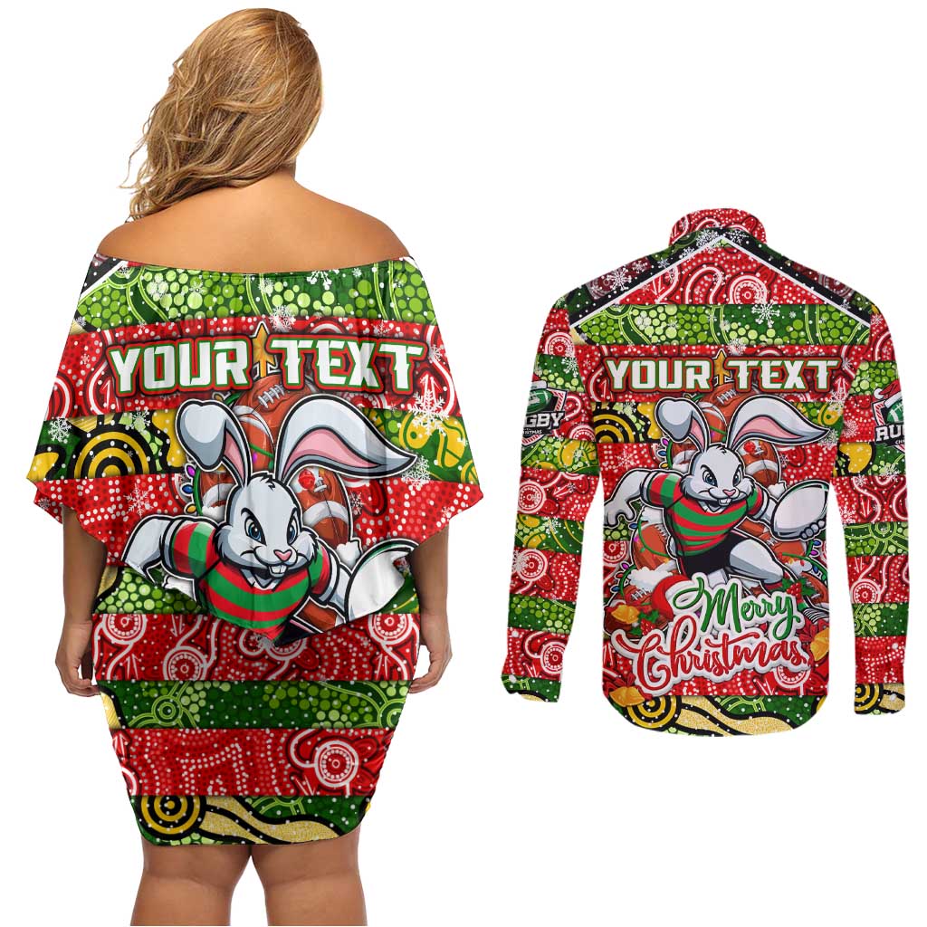 Custom Rabbitohs Rugby Merry Christmas Couples Matching Off Shoulder Short Dress and Long Sleeve Button Shirt Indigenous Australian Art
