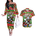 Custom Rabbitohs Rugby Merry Christmas Couples Matching Off The Shoulder Long Sleeve Dress and Hawaiian Shirt Indigenous Australian Art