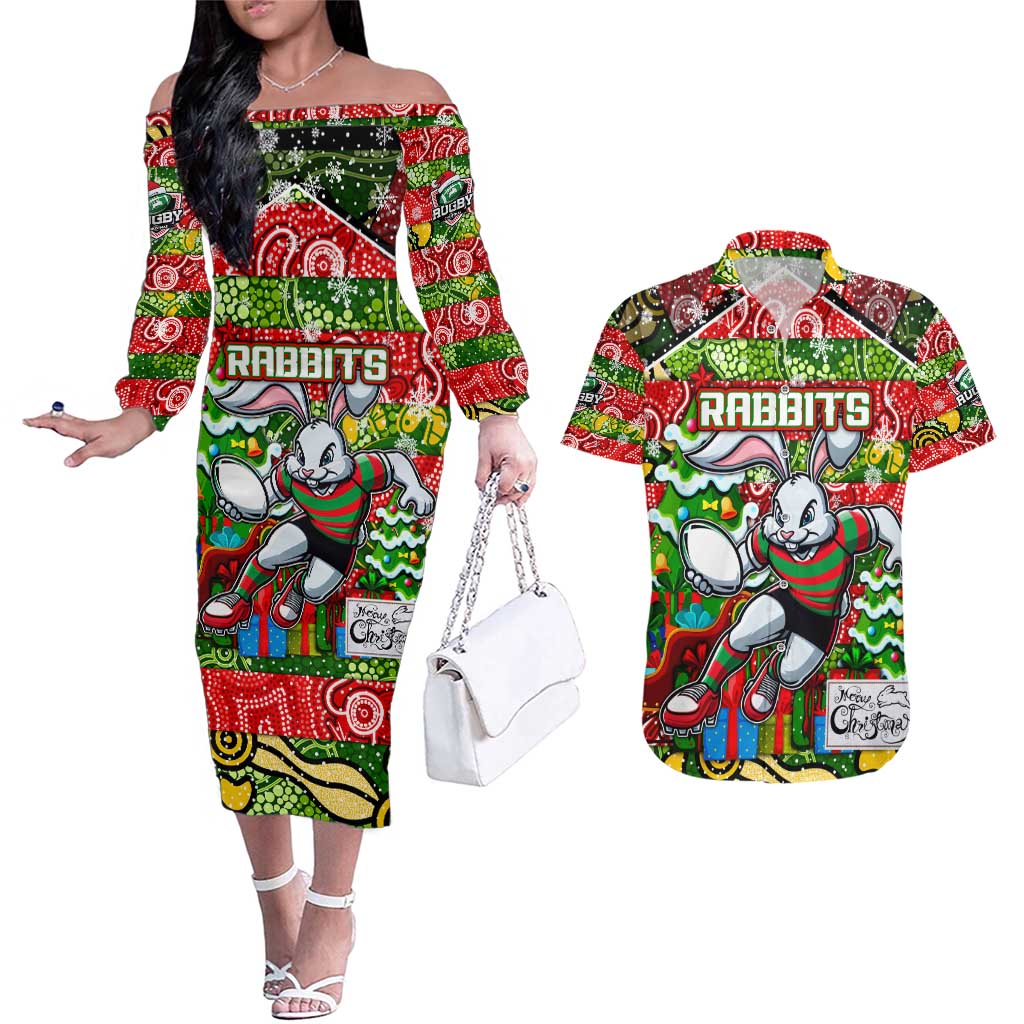 Custom Rabbitohs Rugby Merry Christmas Couples Matching Off The Shoulder Long Sleeve Dress and Hawaiian Shirt Indigenous Australian Art