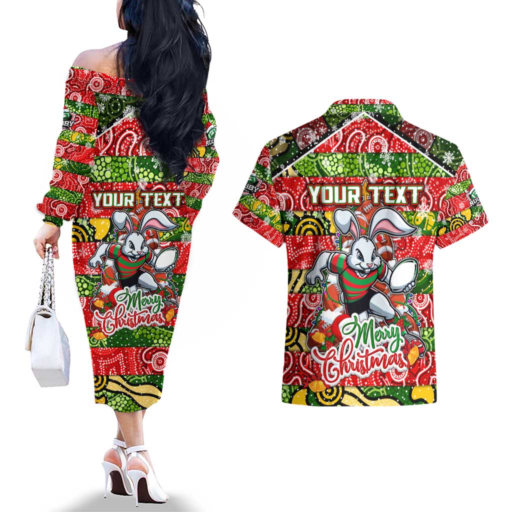 Custom Rabbitohs Rugby Merry Christmas Couples Matching Off The Shoulder Long Sleeve Dress and Hawaiian Shirt Indigenous Australian Art