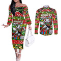 Custom Rabbitohs Rugby Merry Christmas Couples Matching Off The Shoulder Long Sleeve Dress and Long Sleeve Button Shirt Indigenous Australian Art